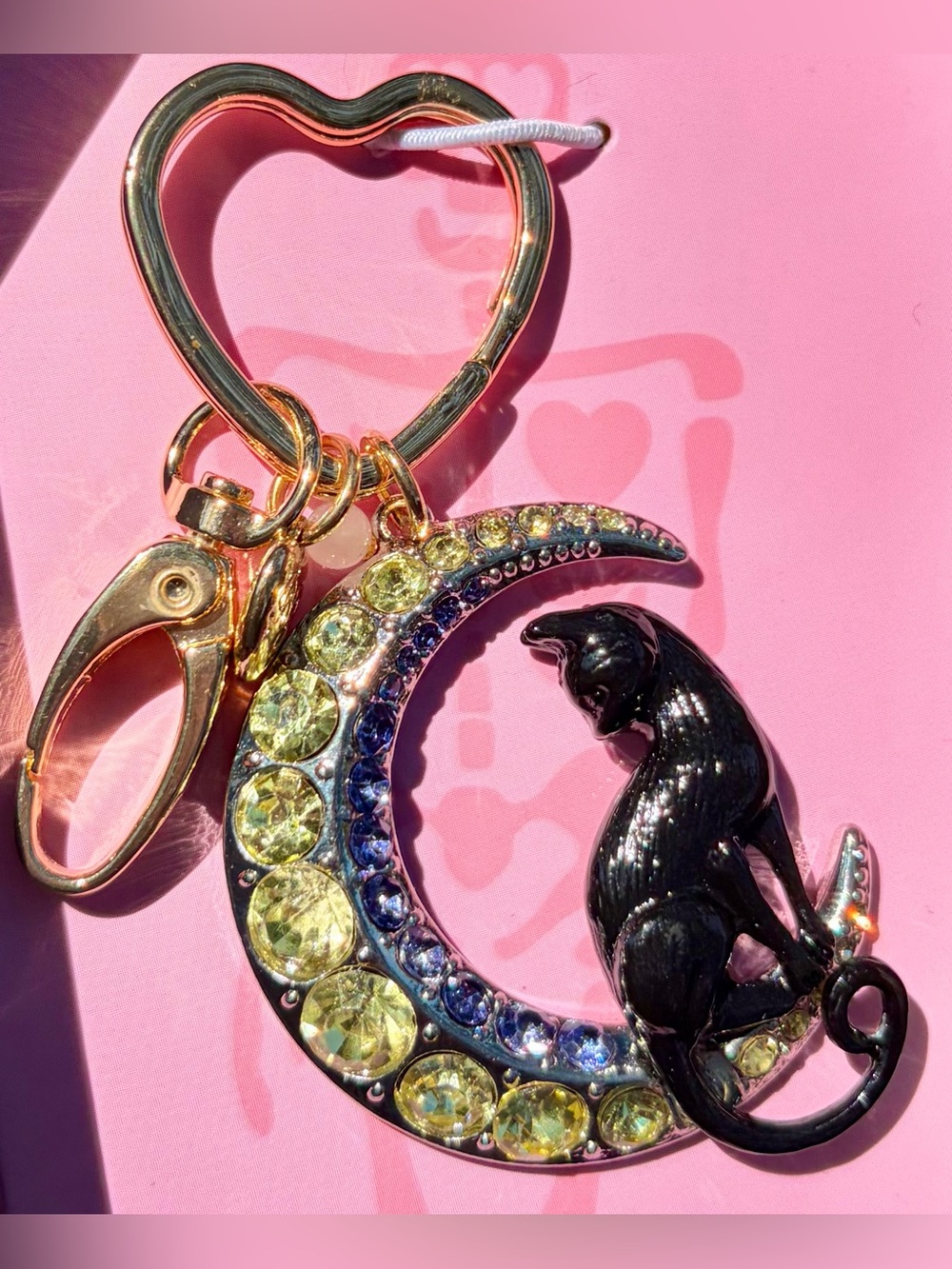 NIB BETSEY JOHNSON Black Cat on Gold Moon Keychain and/or Bag Charm w/Crystals - Picture 5 of 7